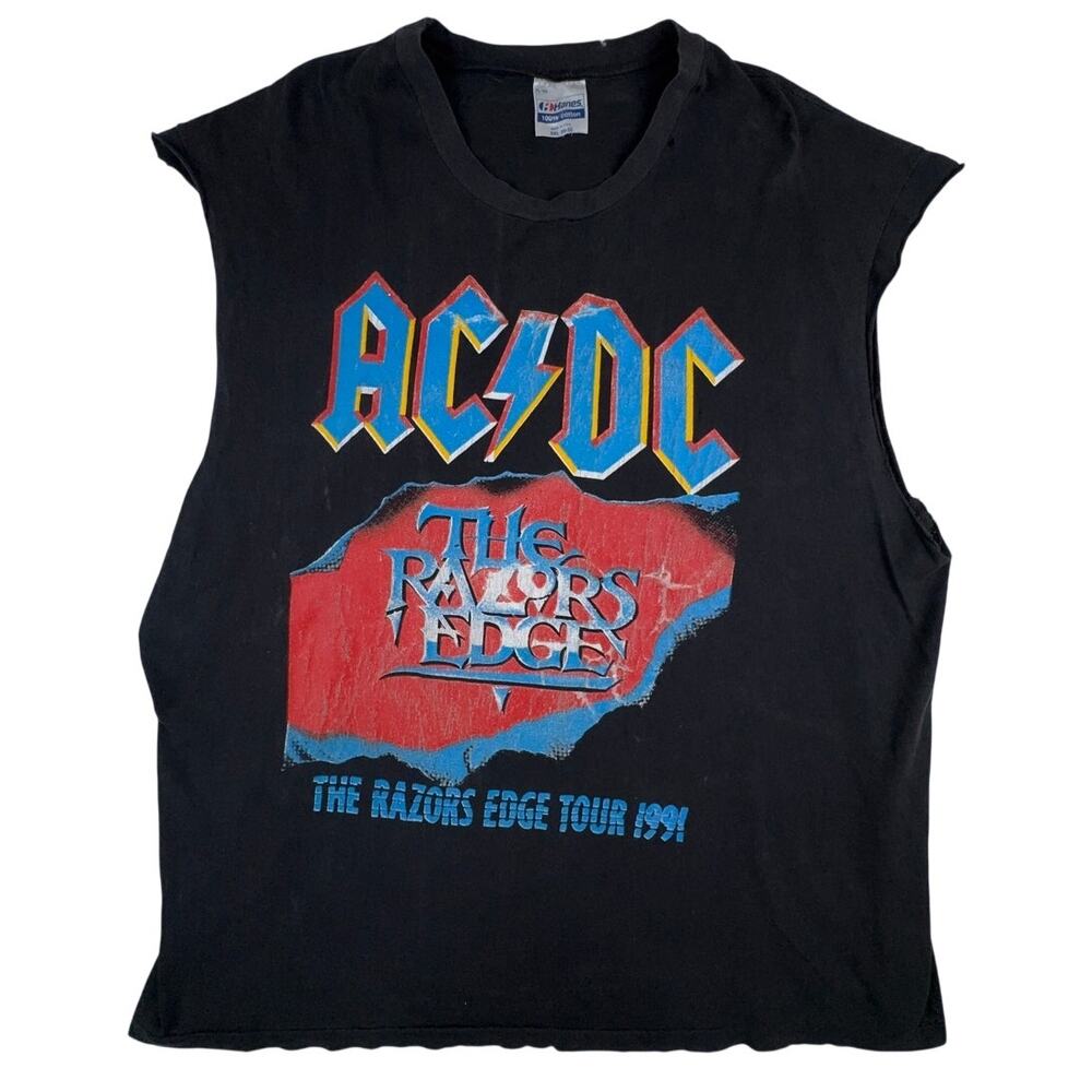 Vintage 1991 AC/DC Razors Edge Tour Shirt XXL LA Guns Double Sided Cutoff